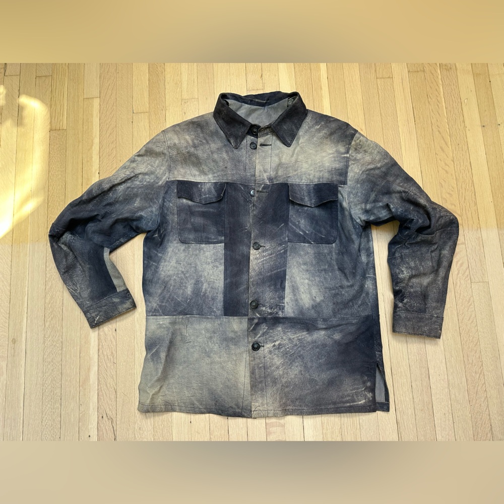 VINTAGE ITALIAN LEATHER SHIRT JACKET with indigo tie dye effect